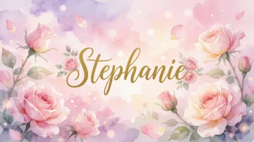 Stephanie horizontal diseño 10 - Diseño estilo acuarela con un fondo etéreo y texturizado en nubes de tonos rosa pastel y lila suave. Presenta composiciones de rosas abiertas y capullos en los bordes inferior y superior, con pétalos cayendo delicadamente. Incorpora destellos de luz cálida (efecto bokeh) y, en el centro, resalta una tipografía elegante, cursiva y fluida en color dorado.