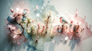 Stephanie horizontal diseño 11 - Un delicado diseño de estilo acuarela digital que combina una tipografía de caligrafía personalizada para el nombre en tonos dorados y rosados suaves, adornada con pequeñas hojas y brotes. Un pajarito azul y naranja vibrante está posado en una de las letras. Todo está rodeado por un marco circular de ramas de cerezo en flor con delicadas flores rosadas y blancas. El fondo es un lavado de acuarela difuminado en tonos pastel suaves de azul cerceta, rosa rubor y melocotón sobre una textura de papel rugoso, con destellos luminosos y motas de luz bokeh flotando alrededor, creando una atmósfera mágica y soñadora. Las sombras suaves proyectadas añaden profundidad.