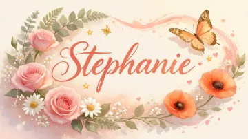 Stephanie horizontal diseño 3 - Elegante composición de rosas rosadas y amapolas naranjas con mariposas doradas brillantes sobre un fondo cálido, romántico y mágico.