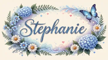 Stephanie horizontal diseño 4 - Composición magica con nombre en letra cursiva azul, rodeado de hortensias azules, margaritas blancas y delicadas flores silvestres, enmarcado por suaves remolinos de agua, mariposas azules y destellos estelares sobre un fondo etéreo y romántico.