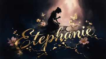 Stephanie horizontal diseño 6 - Composición de ilustración semirrealista cinematográfica con silueta femenina tejiendo un hilo dorado de luz sobre un suelo oscuro fracturado al estilo Kintsugi, donde el nombre resalta en un prominente guión caligráfico dorado que emerge de las grietas, rodeado de flores blancas, mariposas y un fondo degradado de azules profundos iluminado por una luz celestial en tonos melocotón y crema, con una frase de aliento en tipografía blanca en la parte inferior.