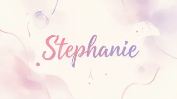 Stephanie horizontal diseño 7 - Diseño abstracto en acuarela sobre fondo crema, con manchas fluidas y etéreas en rosa pastel y lila, líneas curvas que aportan movimiento, pequeñas gotas salpicadas cayendo verticalmente y una burbuja translúcida en la parte superior izquierda. El nombre resalta al centro con una tipografía cursiva amplia y elegante en degradado rosa a morado.