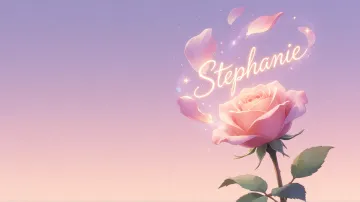 Stephanie horizontal diseño 8 - Fondo de Pantalla con degradado suave que transiciona de lila en la parte superior a melocotón y rosa pastel en la base, destacando una rosa rosada hiperrealista con tallo y hojas verdes. El nombre brilla en tipografía cursiva con efecto neón cálido, adornado con pétalos cayendo y chispas de luz mágica.