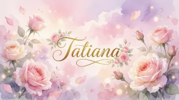 Tatiana horizontal diseño 10 - Diseño estilo acuarela con un fondo etéreo y texturizado en nubes de tonos rosa pastel y lila suave. Presenta composiciones de rosas abiertas y capullos en los bordes inferior y superior, con pétalos cayendo delicadamente. Incorpora destellos de luz cálida (efecto bokeh) y, en el centro, resalta una tipografía elegante, cursiva y fluida en color dorado.