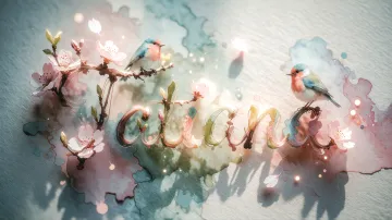 Tatiana horizontal diseño 11 - Un delicado diseño de estilo acuarela digital que combina una tipografía de caligrafía personalizada para el nombre en tonos dorados y rosados suaves, adornada con pequeñas hojas y brotes. Un pajarito azul y naranja vibrante está posado en una de las letras. Todo está rodeado por un marco circular de ramas de cerezo en flor con delicadas flores rosadas y blancas. El fondo es un lavado de acuarela difuminado en tonos pastel suaves de azul cerceta, rosa rubor y melocotón sobre una textura de papel rugoso, con destellos luminosos y motas de luz bokeh flotando alrededor, creando una atmósfera mágica y soñadora. Las sombras suaves proyectadas añaden profundidad.