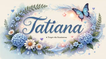 Tatiana horizontal diseño 4 - Composición magica con nombre en letra cursiva azul, rodeado de hortensias azules, margaritas blancas y delicadas flores silvestres, enmarcado por suaves remolinos de agua, mariposas azules y destellos estelares sobre un fondo etéreo y romántico.