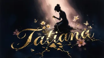 Tatiana horizontal diseño 6 - Composición de ilustración semirrealista cinematográfica con silueta femenina tejiendo un hilo dorado de luz sobre un suelo oscuro fracturado al estilo Kintsugi, donde el nombre resalta en un prominente guión caligráfico dorado que emerge de las grietas, rodeado de flores blancas, mariposas y un fondo degradado de azules profundos iluminado por una luz celestial en tonos melocotón y crema, con una frase de aliento en tipografía blanca en la parte inferior.