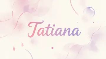 Tatiana horizontal diseño 7 - Diseño abstracto en acuarela sobre fondo crema, con manchas fluidas y etéreas en rosa pastel y lila, líneas curvas que aportan movimiento, pequeñas gotas salpicadas cayendo verticalmente y una burbuja translúcida en la parte superior izquierda. El nombre resalta al centro con una tipografía cursiva amplia y elegante en degradado rosa a morado.