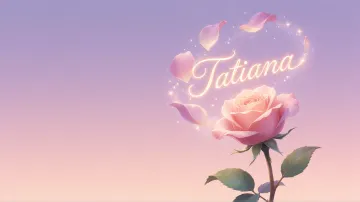 Tatiana horizontal diseño 8 - Fondo de Pantalla con degradado suave que transiciona de lila en la parte superior a melocotón y rosa pastel en la base, destacando una rosa rosada hiperrealista con tallo y hojas verdes. El nombre brilla en tipografía cursiva con efecto neón cálido, adornado con pétalos cayendo y chispas de luz mágica.