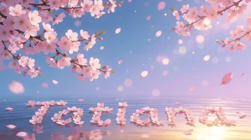 Tatiana horizontal diseño 9 - Composición serena y onírica con ramas de cerezo en flor (sakura) en la parte superior contra un cielo en degradado de azul suave y lila. Pétalos de color rosa pastel flotan delicadamente en el aire cayendo hacia una superficie de agua tranquila y cristalina. En el centro inferior, el nombre está formado por pétalos de flores con un sutil efecto de relieve 3D y tipografía floral, reflejándose sobre el agua que está iluminada por un cálido destello dorado de luz solar en la esquina inferior derecha.