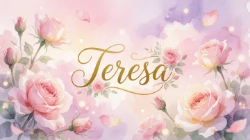 Teresa horizontal diseño 10 - Diseño estilo acuarela con un fondo etéreo y texturizado en nubes de tonos rosa pastel y lila suave. Presenta composiciones de rosas abiertas y capullos en los bordes inferior y superior, con pétalos cayendo delicadamente. Incorpora destellos de luz cálida (efecto bokeh) y, en el centro, resalta una tipografía elegante, cursiva y fluida en color dorado.