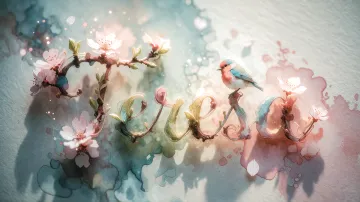 Teresa horizontal diseño 11 - Un delicado diseño de estilo acuarela digital que combina una tipografía de caligrafía personalizada para el nombre en tonos dorados y rosados suaves, adornada con pequeñas hojas y brotes. Un pajarito azul y naranja vibrante está posado en una de las letras. Todo está rodeado por un marco circular de ramas de cerezo en flor con delicadas flores rosadas y blancas. El fondo es un lavado de acuarela difuminado en tonos pastel suaves de azul cerceta, rosa rubor y melocotón sobre una textura de papel rugoso, con destellos luminosos y motas de luz bokeh flotando alrededor, creando una atmósfera mágica y soñadora. Las sombras suaves proyectadas añaden profundidad.