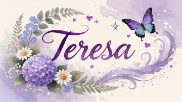 Teresa horizontal diseño 2 - Diseño elegante de hortensias en tonos lila y morados suaves, con volutas estilizadas y una mariposa mística que aporta un toque etéreo y mágico.