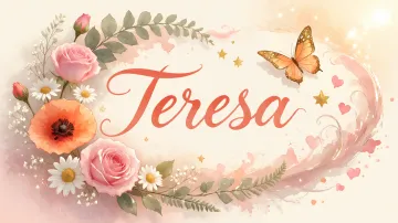 Teresa horizontal diseño 3 - Elegante composición de rosas rosadas y amapolas naranjas con mariposas doradas brillantes sobre un fondo cálido, romántico y mágico.