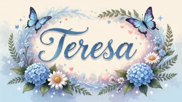 Teresa horizontal diseño 4 - Composición magica con nombre en letra cursiva azul, rodeado de hortensias azules, margaritas blancas y delicadas flores silvestres, enmarcado por suaves remolinos de agua, mariposas azules y destellos estelares sobre un fondo etéreo y romántico.