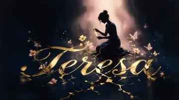 Teresa horizontal diseño 6 - Composición de ilustración semirrealista cinematográfica con silueta femenina tejiendo un hilo dorado de luz sobre un suelo oscuro fracturado al estilo Kintsugi, donde el nombre resalta en un prominente guión caligráfico dorado que emerge de las grietas, rodeado de flores blancas, mariposas y un fondo degradado de azules profundos iluminado por una luz celestial en tonos melocotón y crema, con una frase de aliento en tipografía blanca en la parte inferior.