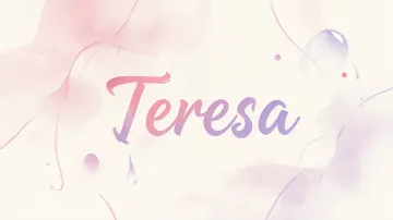 Teresa horizontal diseño 7 - Diseño abstracto en acuarela sobre fondo crema, con manchas fluidas y etéreas en rosa pastel y lila, líneas curvas que aportan movimiento, pequeñas gotas salpicadas cayendo verticalmente y una burbuja translúcida en la parte superior izquierda. El nombre resalta al centro con una tipografía cursiva amplia y elegante en degradado rosa a morado.