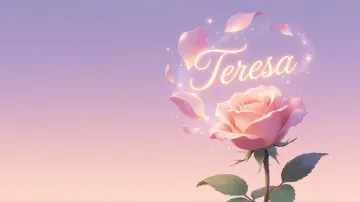 Teresa horizontal diseño 8 - Fondo de Pantalla con degradado suave que transiciona de lila en la parte superior a melocotón y rosa pastel en la base, destacando una rosa rosada hiperrealista con tallo y hojas verdes. El nombre brilla en tipografía cursiva con efecto neón cálido, adornado con pétalos cayendo y chispas de luz mágica.