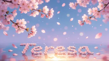 Teresa horizontal diseño 9 - Composición serena y onírica con ramas de cerezo en flor (sakura) en la parte superior contra un cielo en degradado de azul suave y lila. Pétalos de color rosa pastel flotan delicadamente en el aire cayendo hacia una superficie de agua tranquila y cristalina. En el centro inferior, el nombre está formado por pétalos de flores con un sutil efecto de relieve 3D y tipografía floral, reflejándose sobre el agua que está iluminada por un cálido destello dorado de luz solar en la esquina inferior derecha.