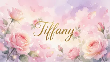 Tiffany horizontal diseño 10 - Diseño estilo acuarela con un fondo etéreo y texturizado en nubes de tonos rosa pastel y lila suave. Presenta composiciones de rosas abiertas y capullos en los bordes inferior y superior, con pétalos cayendo delicadamente. Incorpora destellos de luz cálida (efecto bokeh) y, en el centro, resalta una tipografía elegante, cursiva y fluida en color dorado.