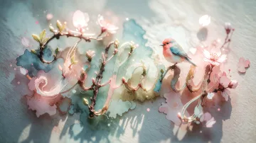 Tiffany horizontal diseño 11 - Un delicado diseño de estilo acuarela digital que combina una tipografía de caligrafía personalizada para el nombre en tonos dorados y rosados suaves, adornada con pequeñas hojas y brotes. Un pajarito azul y naranja vibrante está posado en una de las letras. Todo está rodeado por un marco circular de ramas de cerezo en flor con delicadas flores rosadas y blancas. El fondo es un lavado de acuarela difuminado en tonos pastel suaves de azul cerceta, rosa rubor y melocotón sobre una textura de papel rugoso, con destellos luminosos y motas de luz bokeh flotando alrededor, creando una atmósfera mágica y soñadora. Las sombras suaves proyectadas añaden profundidad.
