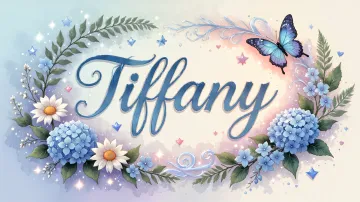 Tiffany horizontal diseño 4 - Composición magica con nombre en letra cursiva azul, rodeado de hortensias azules, margaritas blancas y delicadas flores silvestres, enmarcado por suaves remolinos de agua, mariposas azules y destellos estelares sobre un fondo etéreo y romántico.