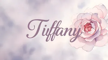 Tiffany horizontal diseño 5 - Nombre en elegante tipografía cursiva caligráfica en tono lavanda, sobre fondo acuarela de cielo nublado en tonos pastel (azul, blanco, lavanda), decorado con rosa en acuarela de pétalos rosa pálido, blanco crema y lilas suaves con hojas en gris-verde.