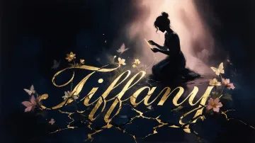 Tiffany horizontal diseño 6 - Composición de ilustración semirrealista cinematográfica con silueta femenina tejiendo un hilo dorado de luz sobre un suelo oscuro fracturado al estilo Kintsugi, donde el nombre resalta en un prominente guión caligráfico dorado que emerge de las grietas, rodeado de flores blancas, mariposas y un fondo degradado de azules profundos iluminado por una luz celestial en tonos melocotón y crema, con una frase de aliento en tipografía blanca en la parte inferior.
