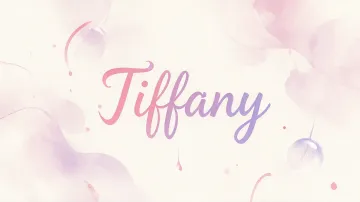 Tiffany horizontal diseño 7 - Diseño abstracto en acuarela sobre fondo crema, con manchas fluidas y etéreas en rosa pastel y lila, líneas curvas que aportan movimiento, pequeñas gotas salpicadas cayendo verticalmente y una burbuja translúcida en la parte superior izquierda. El nombre resalta al centro con una tipografía cursiva amplia y elegante en degradado rosa a morado.