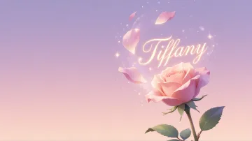 Tiffany horizontal diseño 8 - Fondo de Pantalla con degradado suave que transiciona de lila en la parte superior a melocotón y rosa pastel en la base, destacando una rosa rosada hiperrealista con tallo y hojas verdes. El nombre brilla en tipografía cursiva con efecto neón cálido, adornado con pétalos cayendo y chispas de luz mágica.