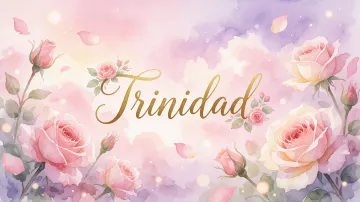 Trinidad horizontal diseño 10 - Diseño estilo acuarela con un fondo etéreo y texturizado en nubes de tonos rosa pastel y lila suave. Presenta composiciones de rosas abiertas y capullos en los bordes inferior y superior, con pétalos cayendo delicadamente. Incorpora destellos de luz cálida (efecto bokeh) y, en el centro, resalta una tipografía elegante, cursiva y fluida en color dorado.