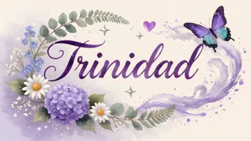 Trinidad horizontal diseño 2 - Diseño elegante de hortensias en tonos lila y morados suaves, con volutas estilizadas y una mariposa mística que aporta un toque etéreo y mágico.