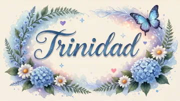 Trinidad horizontal diseño 4 - Composición magica con nombre en letra cursiva azul, rodeado de hortensias azules, margaritas blancas y delicadas flores silvestres, enmarcado por suaves remolinos de agua, mariposas azules y destellos estelares sobre un fondo etéreo y romántico.