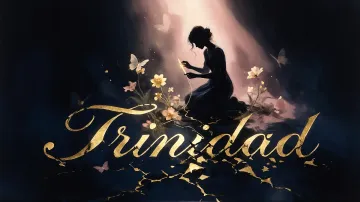 Trinidad horizontal diseño 6 - Composición de ilustración semirrealista cinematográfica con silueta femenina tejiendo un hilo dorado de luz sobre un suelo oscuro fracturado al estilo Kintsugi, donde el nombre resalta en un prominente guión caligráfico dorado que emerge de las grietas, rodeado de flores blancas, mariposas y un fondo degradado de azules profundos iluminado por una luz celestial en tonos melocotón y crema, con una frase de aliento en tipografía blanca en la parte inferior.
