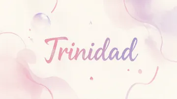 Trinidad horizontal diseño 7 - Diseño abstracto en acuarela sobre fondo crema, con manchas fluidas y etéreas en rosa pastel y lila, líneas curvas que aportan movimiento, pequeñas gotas salpicadas cayendo verticalmente y una burbuja translúcida en la parte superior izquierda. El nombre resalta al centro con una tipografía cursiva amplia y elegante en degradado rosa a morado.