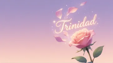 Trinidad horizontal diseño 8 - Fondo de Pantalla con degradado suave que transiciona de lila en la parte superior a melocotón y rosa pastel en la base, destacando una rosa rosada hiperrealista con tallo y hojas verdes. El nombre brilla en tipografía cursiva con efecto neón cálido, adornado con pétalos cayendo y chispas de luz mágica.