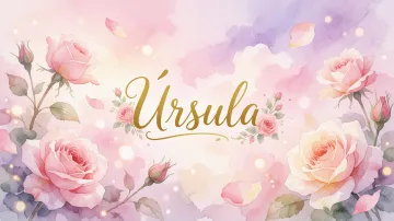 Ursula horizontal diseño 10 - Diseño estilo acuarela con un fondo etéreo y texturizado en nubes de tonos rosa pastel y lila suave. Presenta composiciones de rosas abiertas y capullos en los bordes inferior y superior, con pétalos cayendo delicadamente. Incorpora destellos de luz cálida (efecto bokeh) y, en el centro, resalta una tipografía elegante, cursiva y fluida en color dorado.