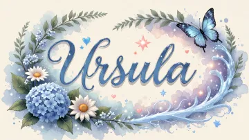 Ursula horizontal diseño 4 - Composición magica con nombre en letra cursiva azul, rodeado de hortensias azules, margaritas blancas y delicadas flores silvestres, enmarcado por suaves remolinos de agua, mariposas azules y destellos estelares sobre un fondo etéreo y romántico.