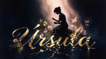Ursula horizontal diseño 6 - Composición de ilustración semirrealista cinematográfica con silueta femenina tejiendo un hilo dorado de luz sobre un suelo oscuro fracturado al estilo Kintsugi, donde el nombre resalta en un prominente guión caligráfico dorado que emerge de las grietas, rodeado de flores blancas, mariposas y un fondo degradado de azules profundos iluminado por una luz celestial en tonos melocotón y crema, con una frase de aliento en tipografía blanca en la parte inferior.