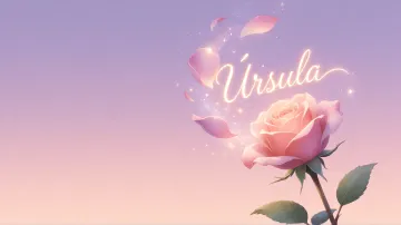 Ursula horizontal diseño 8 - Fondo de Pantalla con degradado suave que transiciona de lila en la parte superior a melocotón y rosa pastel en la base, destacando una rosa rosada hiperrealista con tallo y hojas verdes. El nombre brilla en tipografía cursiva con efecto neón cálido, adornado con pétalos cayendo y chispas de luz mágica.