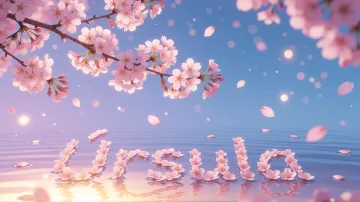 Ursula horizontal diseño 9 - Composición serena y onírica con ramas de cerezo en flor (sakura) en la parte superior contra un cielo en degradado de azul suave y lila. Pétalos de color rosa pastel flotan delicadamente en el aire cayendo hacia una superficie de agua tranquila y cristalina. En el centro inferior, el nombre está formado por pétalos de flores con un sutil efecto de relieve 3D y tipografía floral, reflejándose sobre el agua que está iluminada por un cálido destello dorado de luz solar en la esquina inferior derecha.