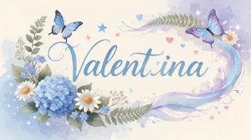 Valentina horizontal diseño 1 - Hortensias azules, flores pequeñas y acuarela suave con mariposas azules y brillo etéreo