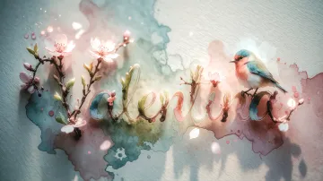 Valentina horizontal diseño 11 - Un delicado diseño de estilo acuarela digital que combina una tipografía de caligrafía personalizada para el nombre en tonos dorados y rosados suaves, adornada con pequeñas hojas y brotes. Un pajarito azul y naranja vibrante está posado en una de las letras. Todo está rodeado por un marco circular de ramas de cerezo en flor con delicadas flores rosadas y blancas. El fondo es un lavado de acuarela difuminado en tonos pastel suaves de azul cerceta, rosa rubor y melocotón sobre una textura de papel rugoso, con destellos luminosos y motas de luz bokeh flotando alrededor, creando una atmósfera mágica y soñadora. Las sombras suaves proyectadas añaden profundidad.