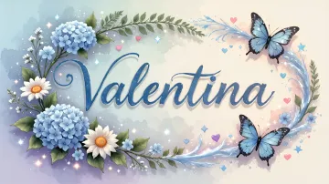 Valentina horizontal diseño 4 - Composición magica con nombre en letra cursiva azul, rodeado de hortensias azules, margaritas blancas y delicadas flores silvestres, enmarcado por suaves remolinos de agua, mariposas azules y destellos estelares sobre un fondo etéreo y romántico.