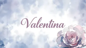 Valentina horizontal diseño 5 - Nombre en elegante tipografía cursiva caligráfica en tono lavanda, sobre fondo acuarela de cielo nublado en tonos pastel (azul, blanco, lavanda), decorado con rosa en acuarela de pétalos rosa pálido, blanco crema y lilas suaves con hojas en gris-verde.