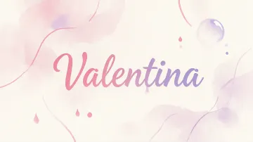 Valentina horizontal diseño 7 - Diseño abstracto en acuarela sobre fondo crema, con manchas fluidas y etéreas en rosa pastel y lila, líneas curvas que aportan movimiento, pequeñas gotas salpicadas cayendo verticalmente y una burbuja translúcida en la parte superior izquierda. El nombre resalta al centro con una tipografía cursiva amplia y elegante en degradado rosa a morado.