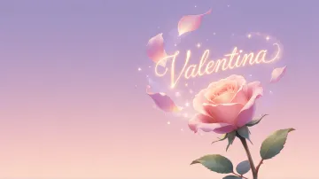 Valentina horizontal diseño 8 - Fondo de Pantalla con degradado suave que transiciona de lila en la parte superior a melocotón y rosa pastel en la base, destacando una rosa rosada hiperrealista con tallo y hojas verdes. El nombre brilla en tipografía cursiva con efecto neón cálido, adornado con pétalos cayendo y chispas de luz mágica.