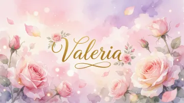 Valeria horizontal diseño 10 - Diseño estilo acuarela con un fondo etéreo y texturizado en nubes de tonos rosa pastel y lila suave. Presenta composiciones de rosas abiertas y capullos en los bordes inferior y superior, con pétalos cayendo delicadamente. Incorpora destellos de luz cálida (efecto bokeh) y, en el centro, resalta una tipografía elegante, cursiva y fluida en color dorado.