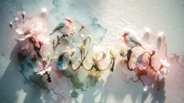 Valeria horizontal diseño 11 - Un delicado diseño de estilo acuarela digital que combina una tipografía de caligrafía personalizada para el nombre en tonos dorados y rosados suaves, adornada con pequeñas hojas y brotes. Un pajarito azul y naranja vibrante está posado en una de las letras. Todo está rodeado por un marco circular de ramas de cerezo en flor con delicadas flores rosadas y blancas. El fondo es un lavado de acuarela difuminado en tonos pastel suaves de azul cerceta, rosa rubor y melocotón sobre una textura de papel rugoso, con destellos luminosos y motas de luz bokeh flotando alrededor, creando una atmósfera mágica y soñadora. Las sombras suaves proyectadas añaden profundidad.