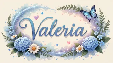 Valeria horizontal diseño 4 - Composición magica con nombre en letra cursiva azul, rodeado de hortensias azules, margaritas blancas y delicadas flores silvestres, enmarcado por suaves remolinos de agua, mariposas azules y destellos estelares sobre un fondo etéreo y romántico.